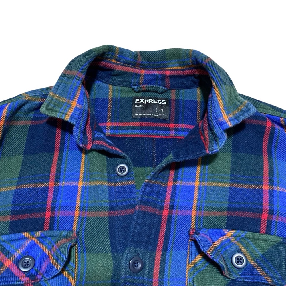 Express Flannel Plaid Pocket Button Up Long Sleeve Cotton Shirt Cabin Grunge - Picture 4 of 8